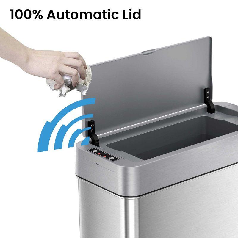 iTouchless Bathroom Sensor Trash Can with AbsorbX Odor Filter Left Side Lid Open Rectangular 4 Gallon Silver Stainless Steel