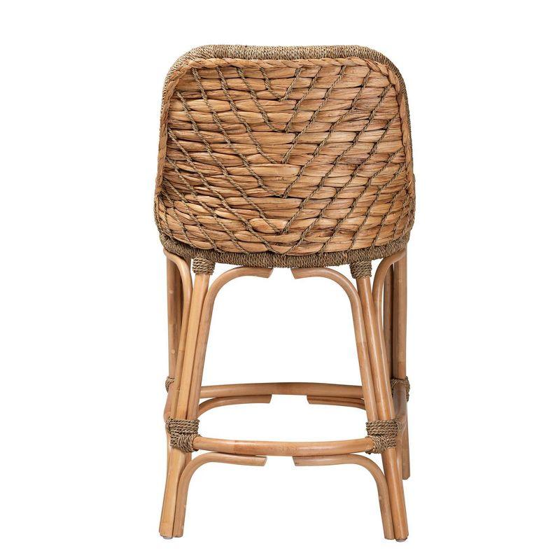 Kyle Modern Bohemian Natural Brown Woven Rattan and Mahogany Wood Counter Stool with Cushion