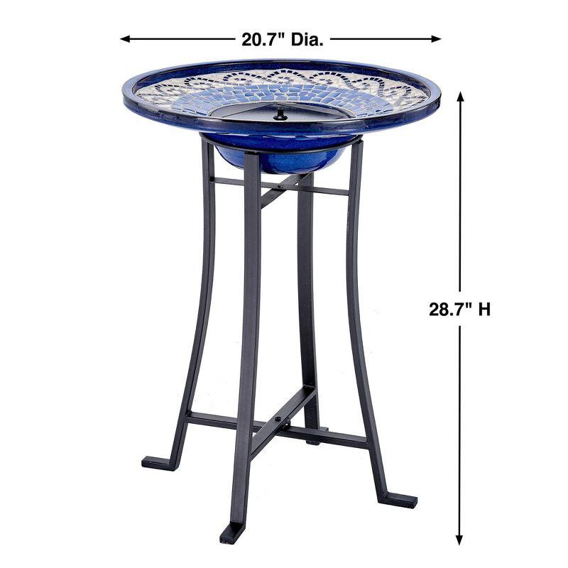 Ravenna Blue Mosaic Ceramic Solar Birdbath with Steel Frame