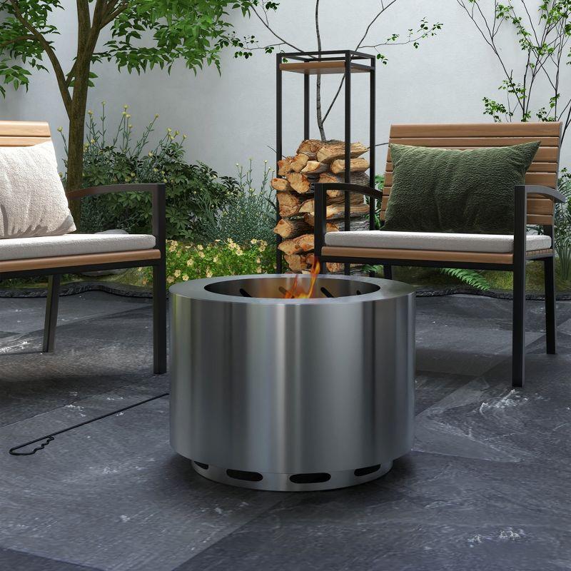 Outsunny Smokeless Fire Pit, 19" Wood Burning Firepit with Poker, Stainless Steel, Silver