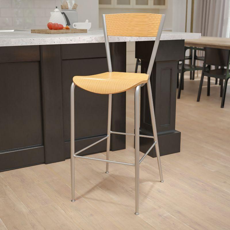 Invincible Silver Metal and Natural Wood Swivel Barstool