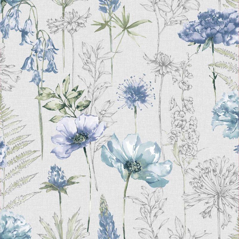 Blue and Green Floral Sketch Removable Wallpaper