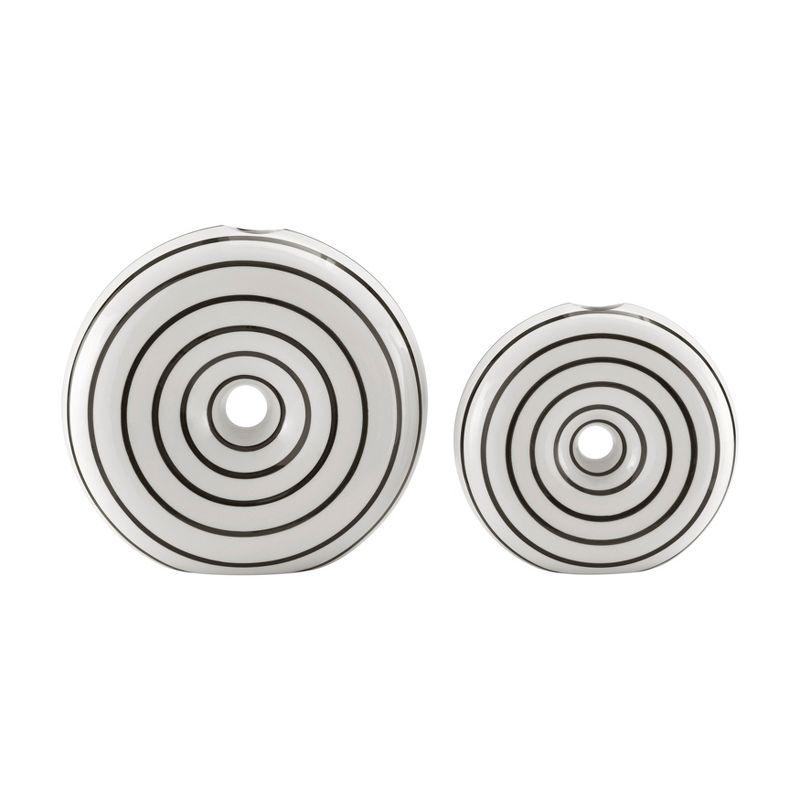 Danya B. Etta Two Piece Glossy Ceramic Black and White Striped Round Hollow Circle Donut Vase Set