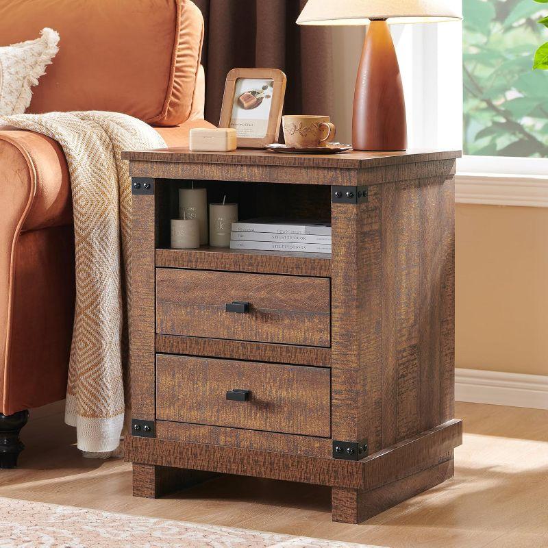 Nightstand with Charging Station & 2 Drawers, Farmhouse 18" Wide Night Stand, Rustic End Table for Bedroom, Reclaimed Barnwood