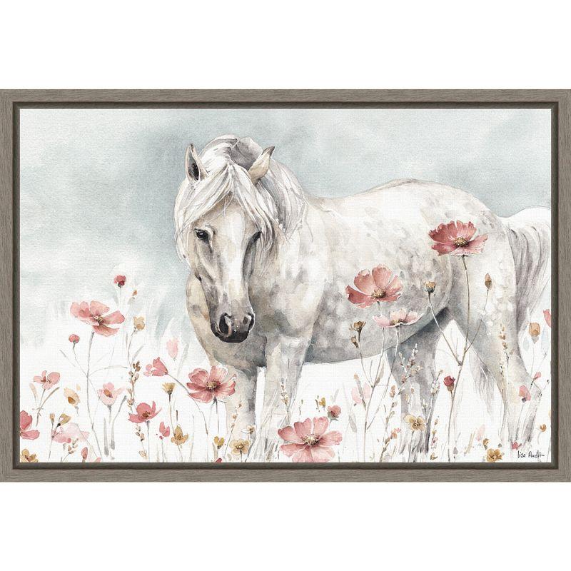 White Horse and Pink Flowers Canvas Wall Art