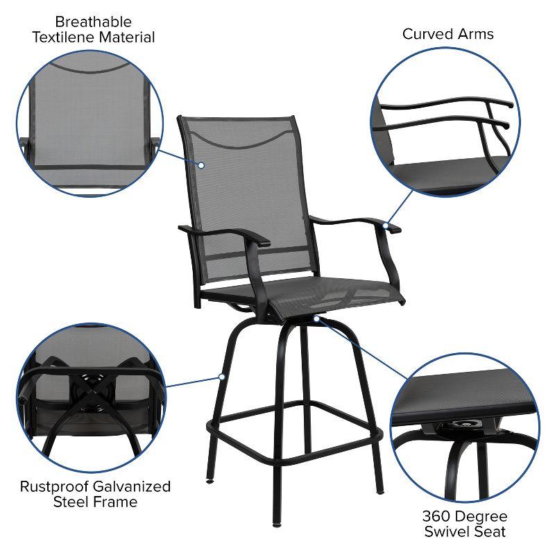 Flash Furniture Patio Bar Height Stools Set of 2, All-Weather Textilene Swivel Patio Stools and Deck Chairs with High Back & Armrests in Gray