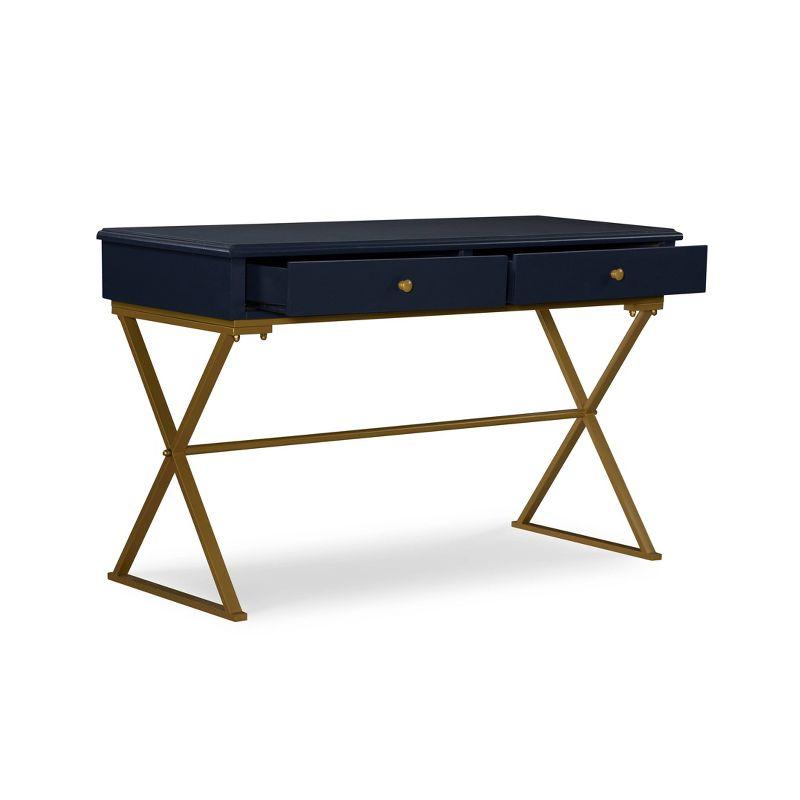 Campaign 2 Drawer Desk Blue/Gold - Linon: Matte Gold Legs, MDF, Metal Hardware