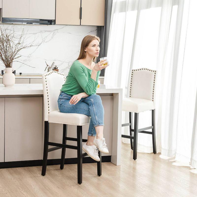 Set of 2 Cream White Leatherette Studded Barstools with Wood Legs