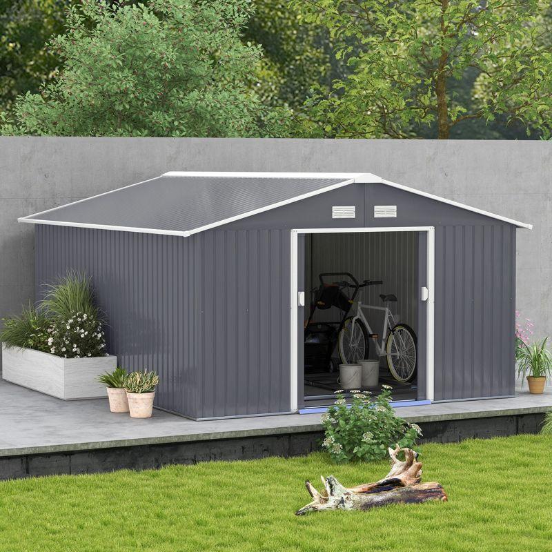 Outsunny 11' x 12.6' Metal Storage Shed Organizer, Garden Tool House with 4 Vents and 2 Sliding Doors for Backyard, Patio, Garage, Lawn, Dark Gray