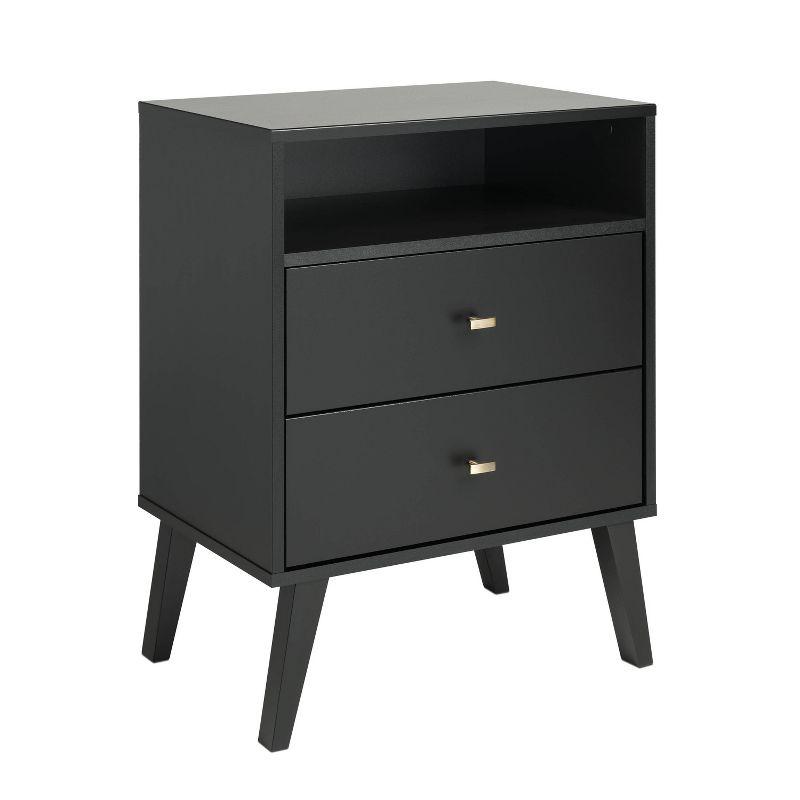 Mid Century Modern 2 Drawer Tall Nightstand with Shelf Black - Prepac: Brushed Brass Knobs, Wood Legs