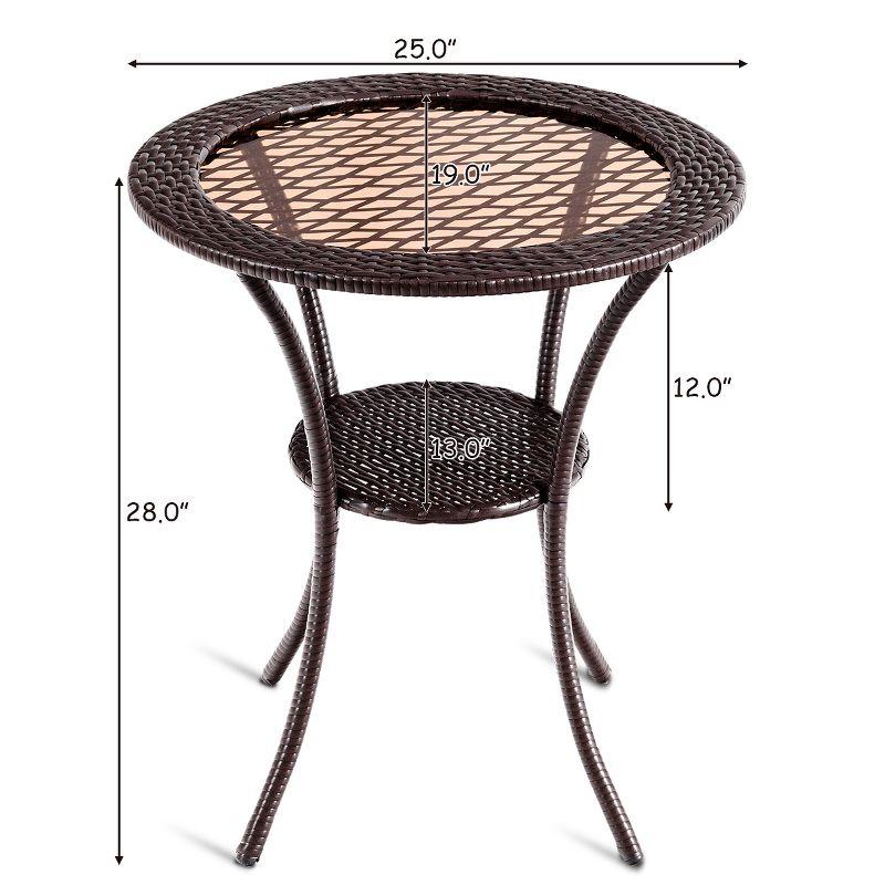 Tangkula Outdoor Side Table with Storage PE Wicker Patio Bistro Table with Tempered Glass Tabletop