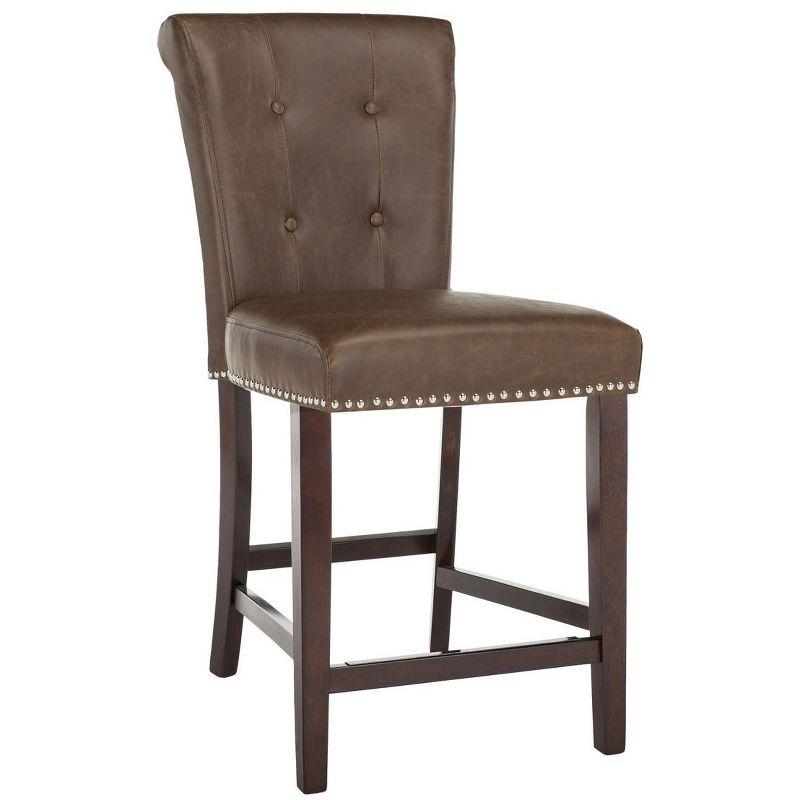 Transitional Tufted Brown Leather Counter Stool - Set of 2