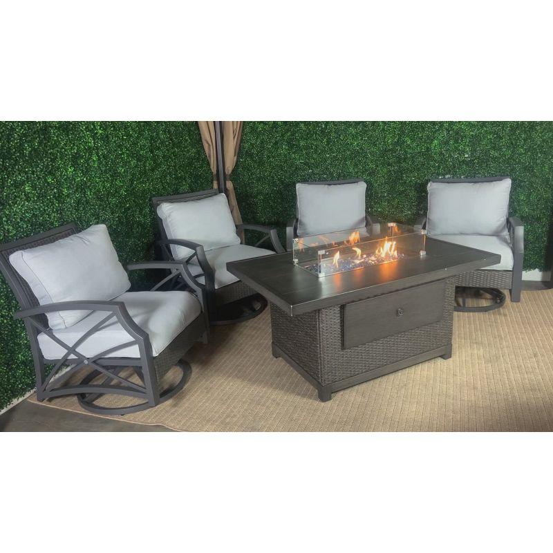Kinger Home 5-Piece Patio Furniture Set with 52-inch Fire Pit table and swivel chairs, 50,000 BTU CSA Certified, Rattan Wricker, Accessories Included