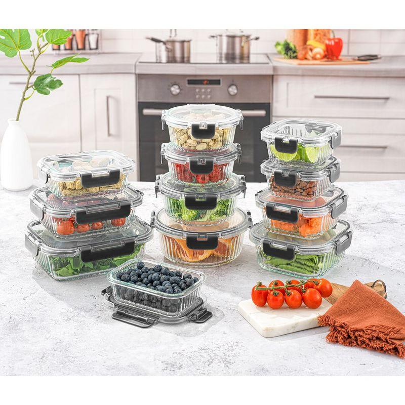 JoyJolt Fluted Glass Food Storage Containers with Leakproof Lids, Set of 12