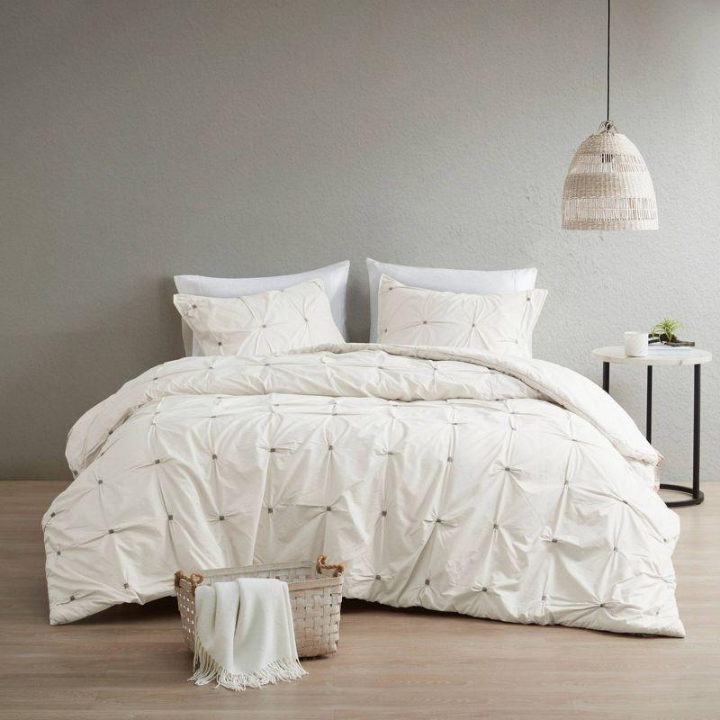 White Full/Queen Cotton Pintuck Duvet Cover Set