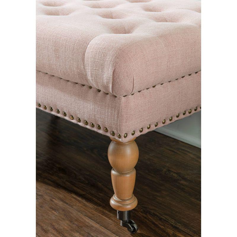62" Isabelle Traditional Linen Tufted Upholstered Nailhead Wheeled Bench Pink - Linon: Elegant Ottoman, Bedroom Furniture