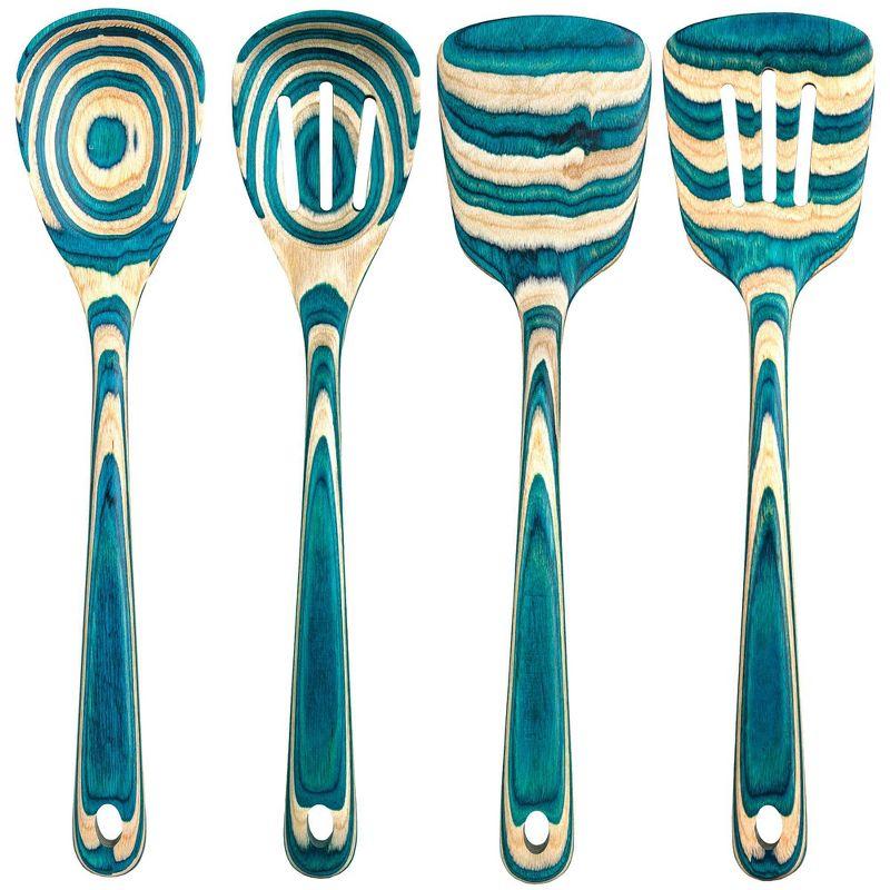 Baltique 4pc Mykonos Utensil Set: Wood Kitchen Tools, Hand Wash, Adult Cooking Utensils, Turquoise Blue