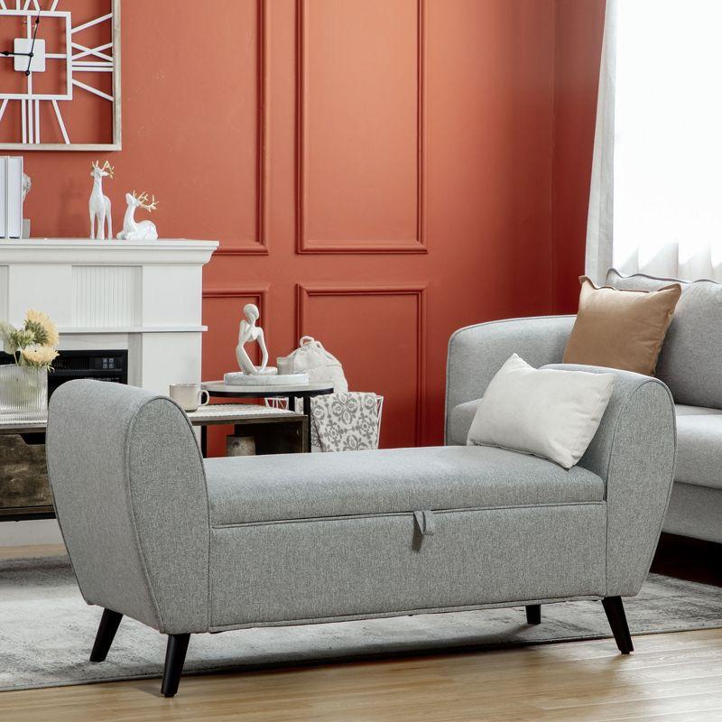 Elegant Light Grey Linen-Feel Upholstered Storage Bench with Oval Arms