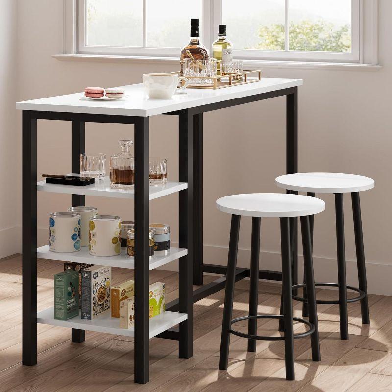 Bar Table with 2 stools, Counter Height Table with 3 Storage Shelves, 3 Piece Dining Table Set for Small Space, Apartment, Kitchen, White&Black