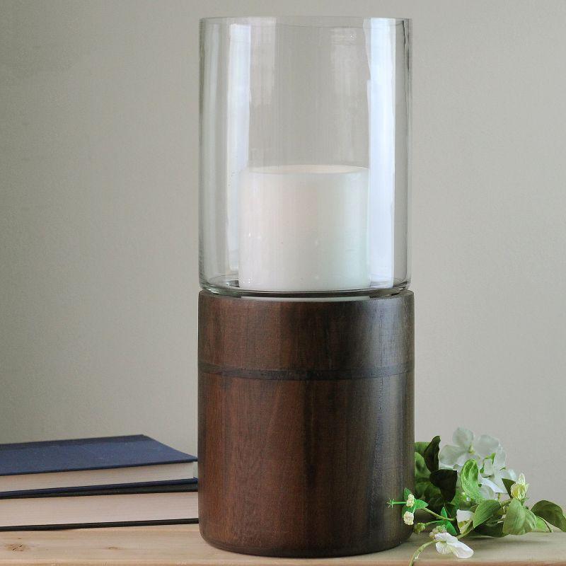 Northlight 15.25" Clear Glass Hurricane Pillar Candle Holder with Wooden Base