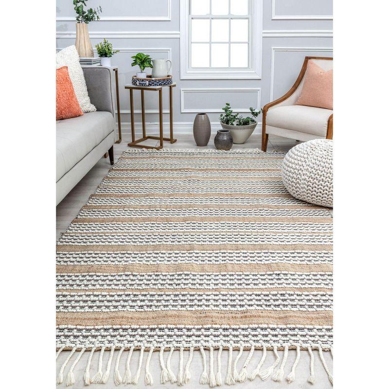 Handmade Natural Jute and Wool Striped Area Rug with Tassels