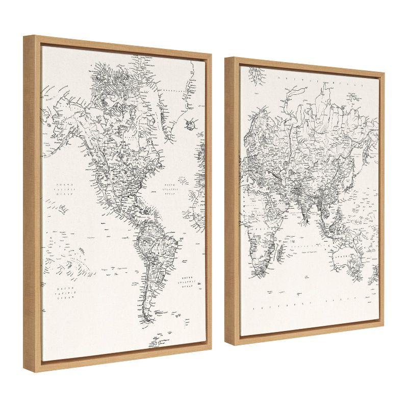 Vintage Black and White World Map Framed Canvas Set