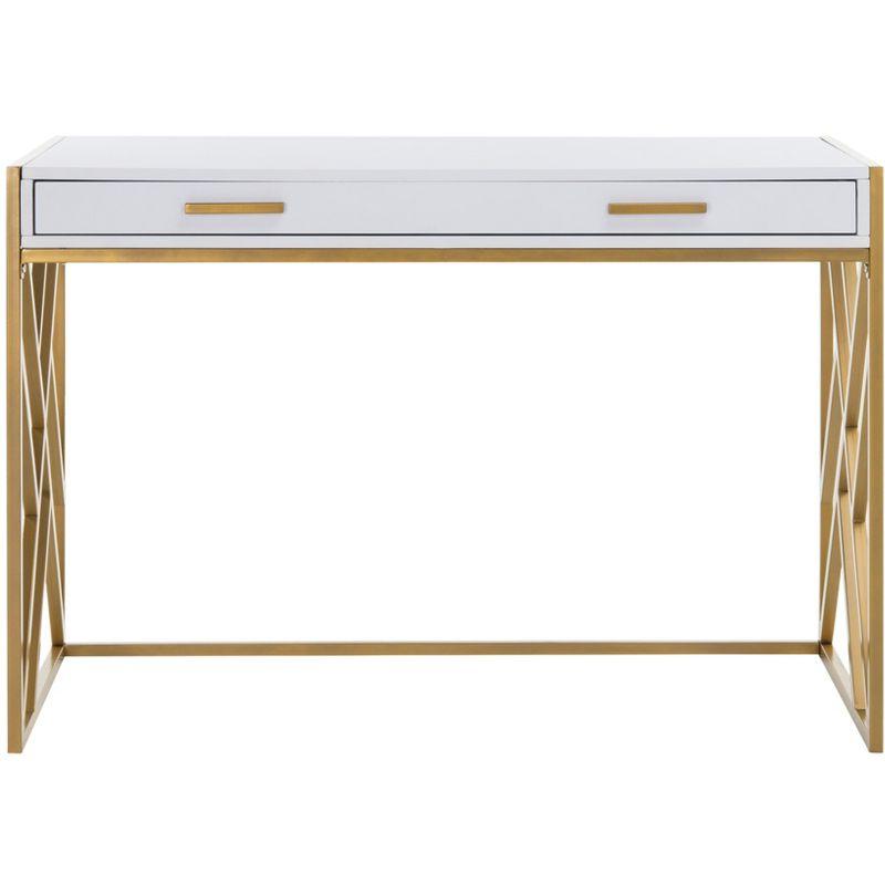 Transitional White and Gold Home Office Desk with Dual Drawers