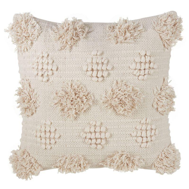 18"x18" Moroccan Down Filled Pom-Pom Square Throw Pillow Ivory - Saro Lifestyle: Cotton Cover, Duck Feather Fill, Zippered