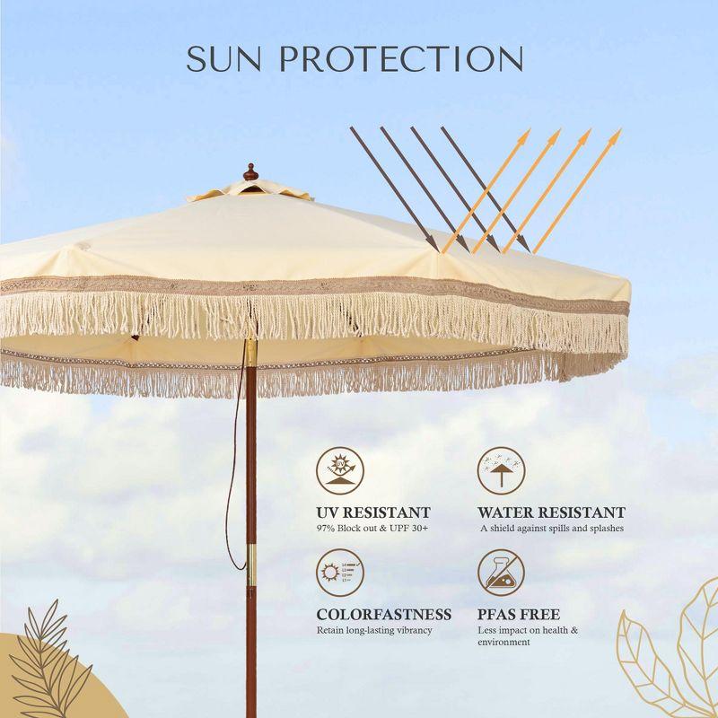LAGarden BOHO 9' Fringe Patio Umbrella with Tassels UPF50+ Boho Style 5-Year-Non-Fading for Outdoor Yard Market Butter Twisted Root beige