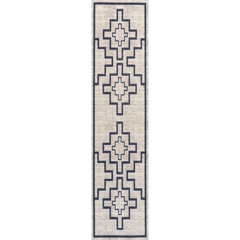 Ivory and Dark Gray Geometric Synthetic 2x8 Runner Rug