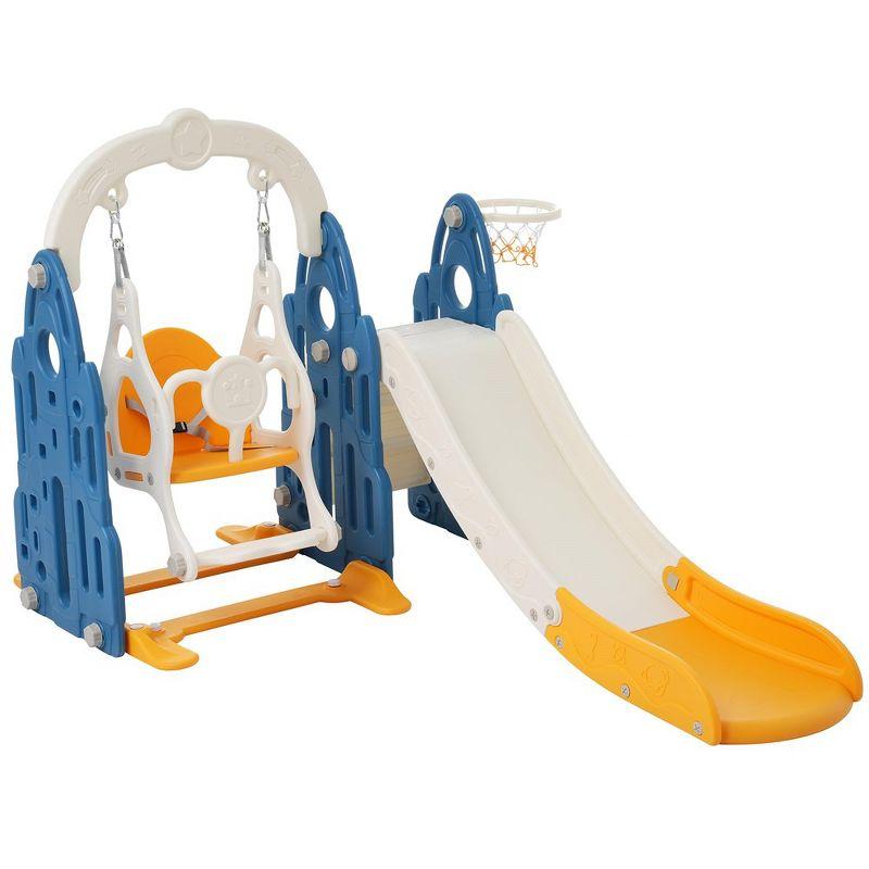 Toddler Slide Swing Set 4 in 1 Freestanding Slide Climber Playset with Basketball Hoop for Indoor Outdoor Playground Blue