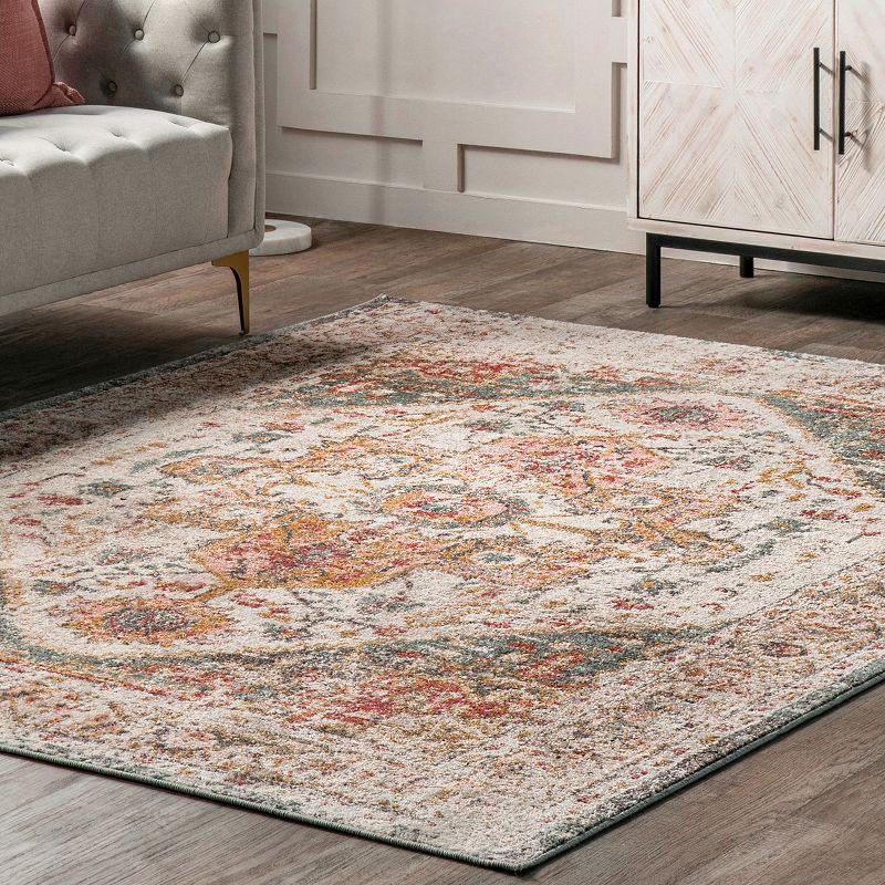 Nuloom 5 Round Justine Vintage Medallion Indoor Area Rug, Beige, Faded Persian Design, Stain Resistant, BedroomLiving Room, Kitchen,