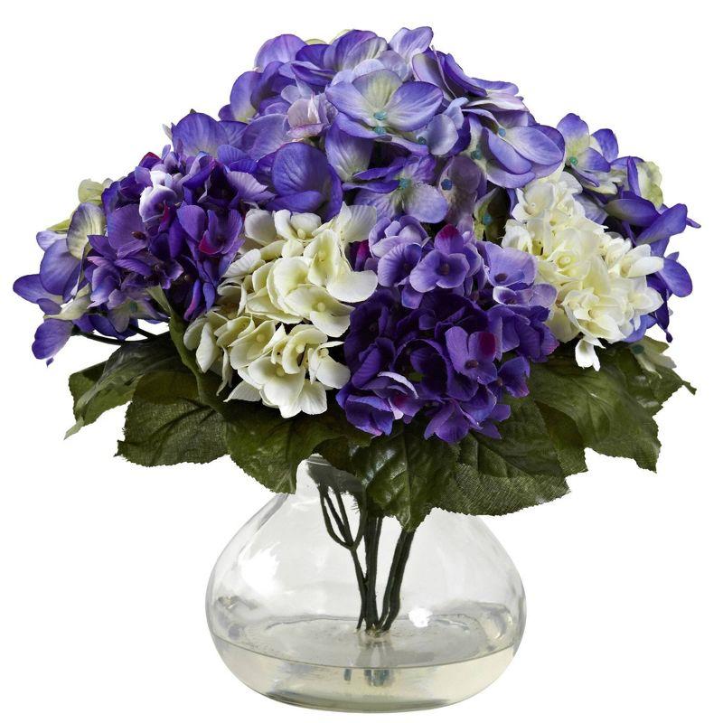 Nearly Natural 11-in Multi-Tone Beauty Hydrangea with Round Glass Vase