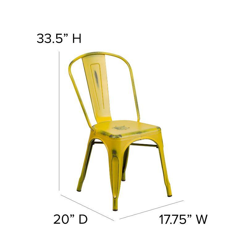 Distressed Yellow Metal Armless Indoor-Outdoor Stackable Chair