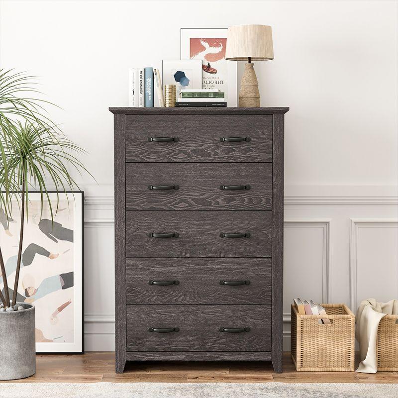 Costway 5 Drawer Chest Storage Dresser Tall Cabinet Organizer Bedroom Hallway Dark Grey/Walnut