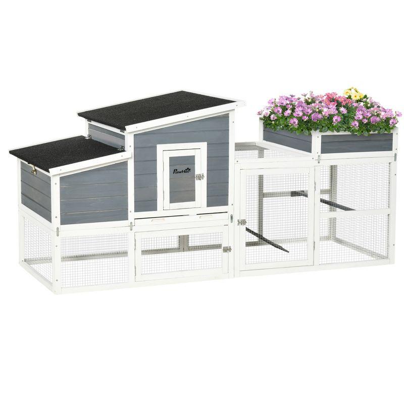 Gray and White Wooden Chicken Coop with Flower Bed