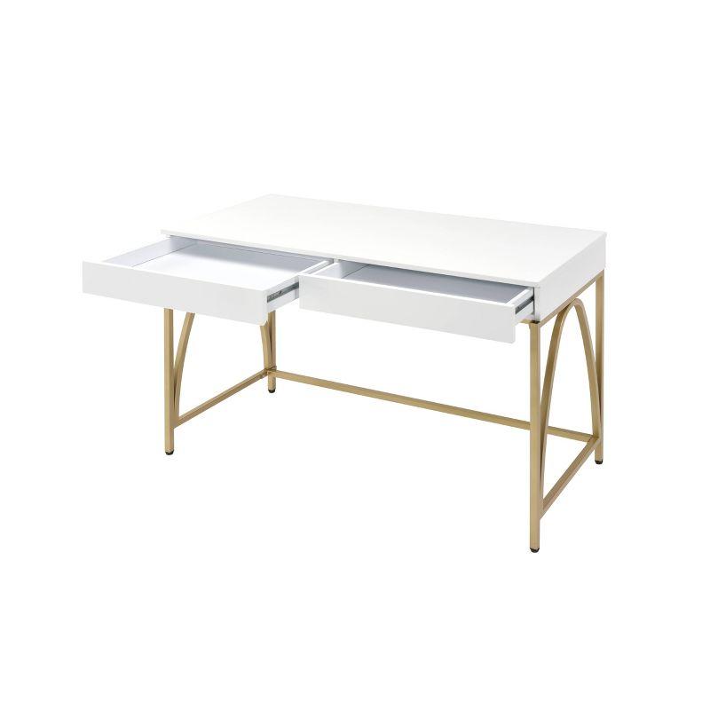 Light Mane Desk White High Gloss/Gold - Acme Furniture: 31" H, 2 Drawers, Metal Frame, 47" W