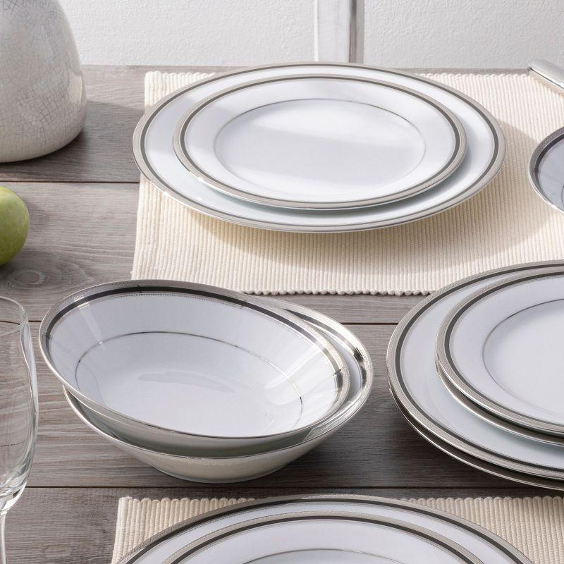 Austin Platinum 12-Piece White Porcelain Dinnerware Set with Metal Accents