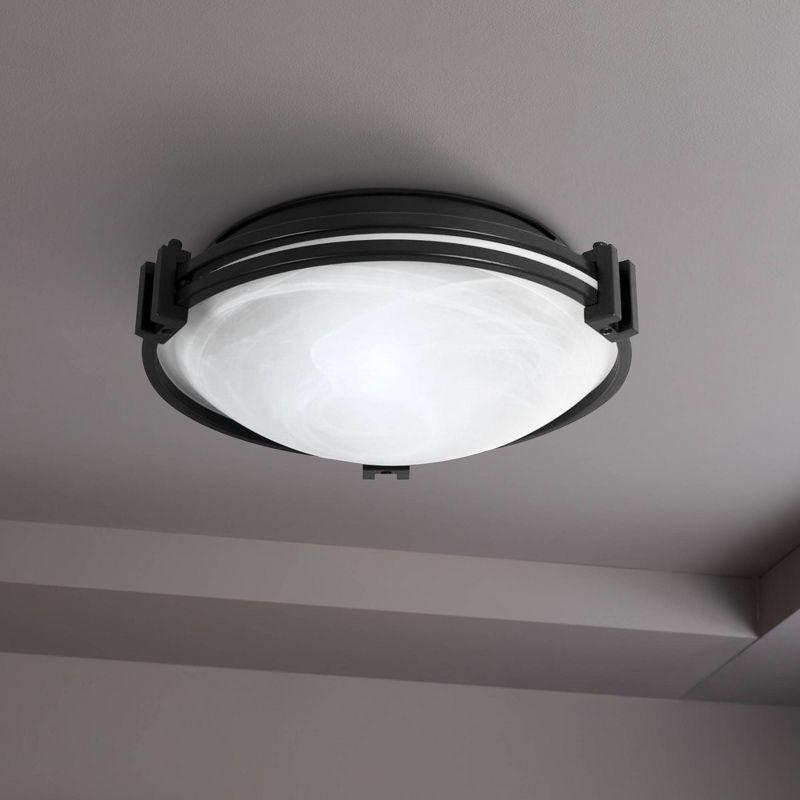 Possini Euro Design Deco Modern Ceiling Light Flush Mount Fixture 12 3/4" Wide Black 2-Light Marbleized White Glass Bowl Shade for Bedroom Kitchen