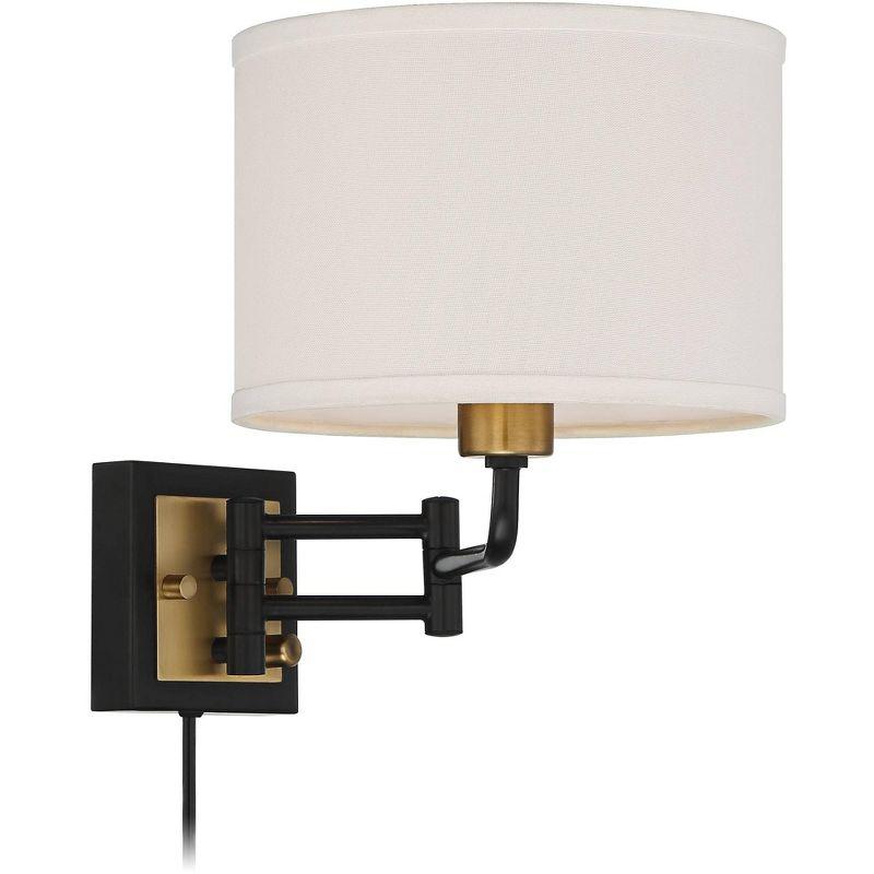 360 Lighting Joelle Modern Swing Arm Wall Lamp Brass Black Plug-in Light Fixture Fabric Drum Shade for Bedroom Bedside Living Room Reading Home House