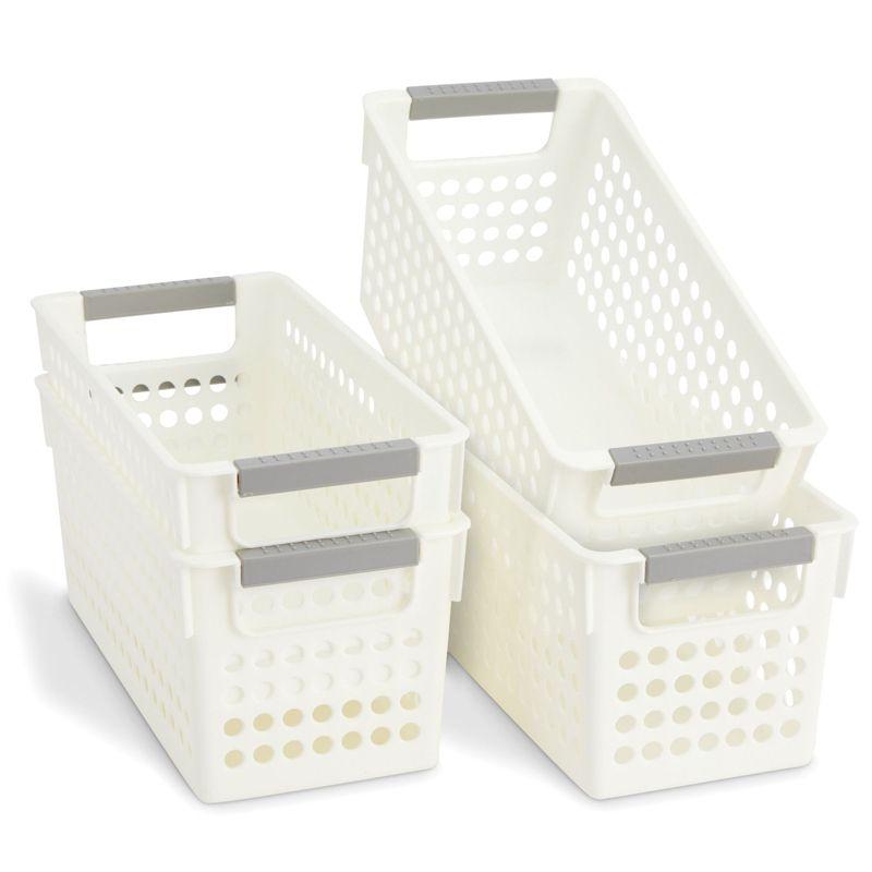 Set of 4 White Plastic Storage Baskets with Gray Handles