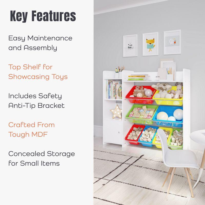 Sturdis Toy Storage Organizer with Bookshelf, Kids Playroom Organization Shelving Unit with Removable Colorful Storage Bins & Anti-Tip Bracket, White