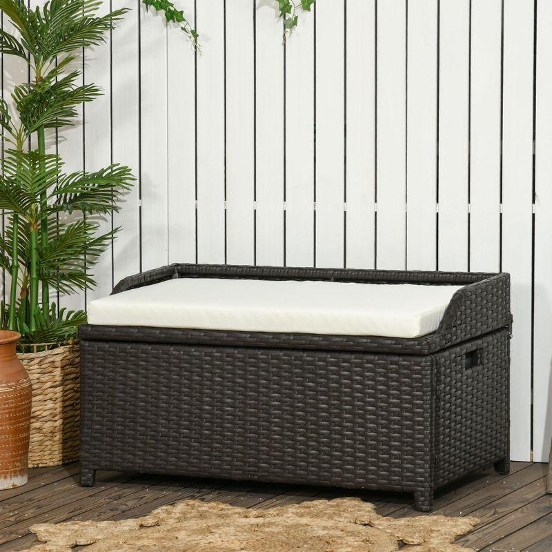 Outsunny Storage Bench Rattan Wicker Garden Deck Box Bin with Interior Waterproof Cloth Bag and Comfortable Cushion, White