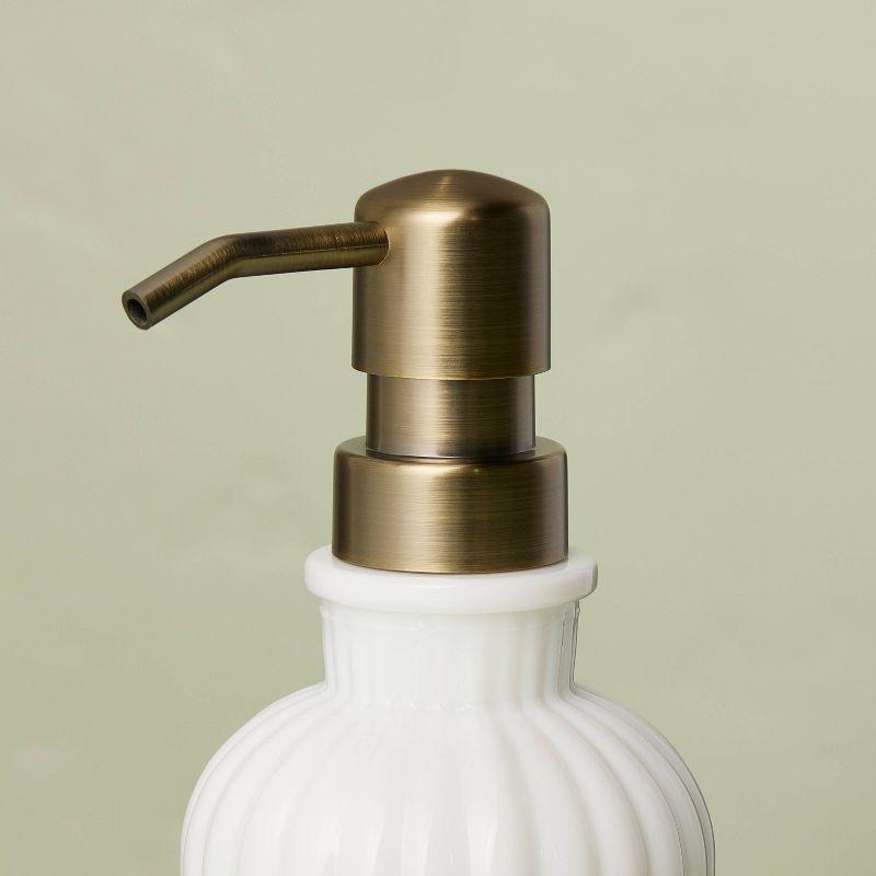 Fluted Milk Glass Soap Pump Brass Finish - Hearth & Hand™ with Magnolia: Elegant Bathroom Accessory, 10oz Capacity