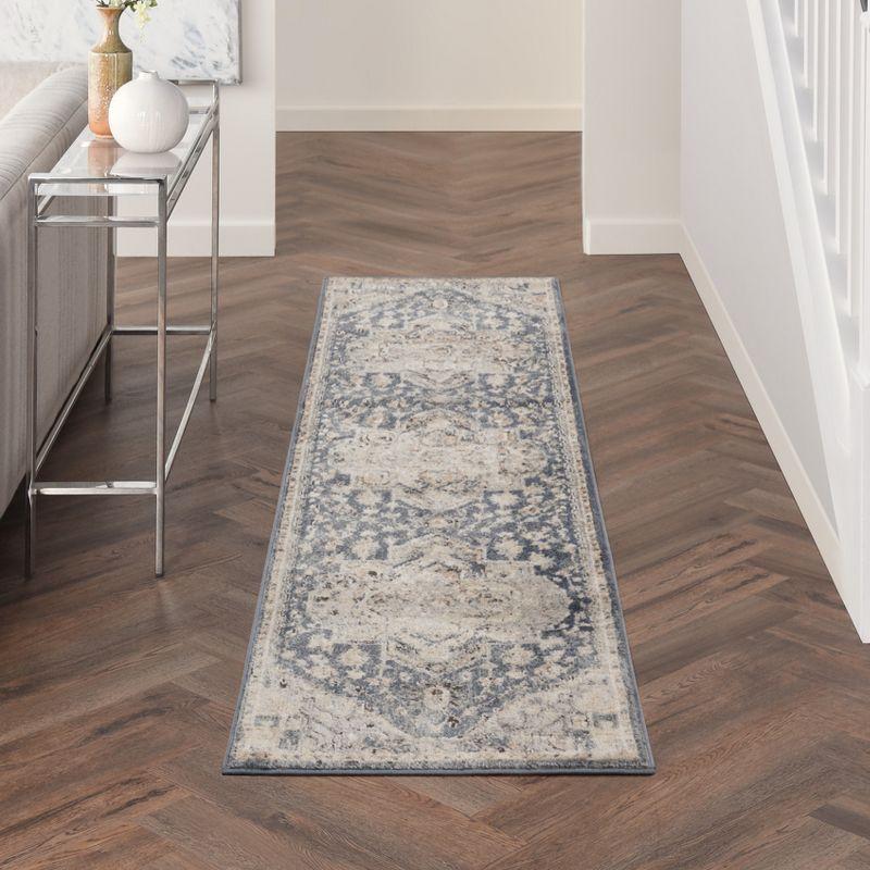 Hand-Knotted Medallion Runner Rug in Blue/Ivory, 26in Easy Care