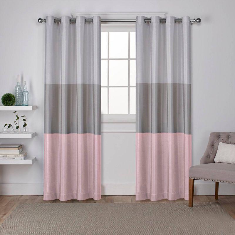 Blush and Gray Striped Faux Silk Grommet Curtain Panels, 54"x84"