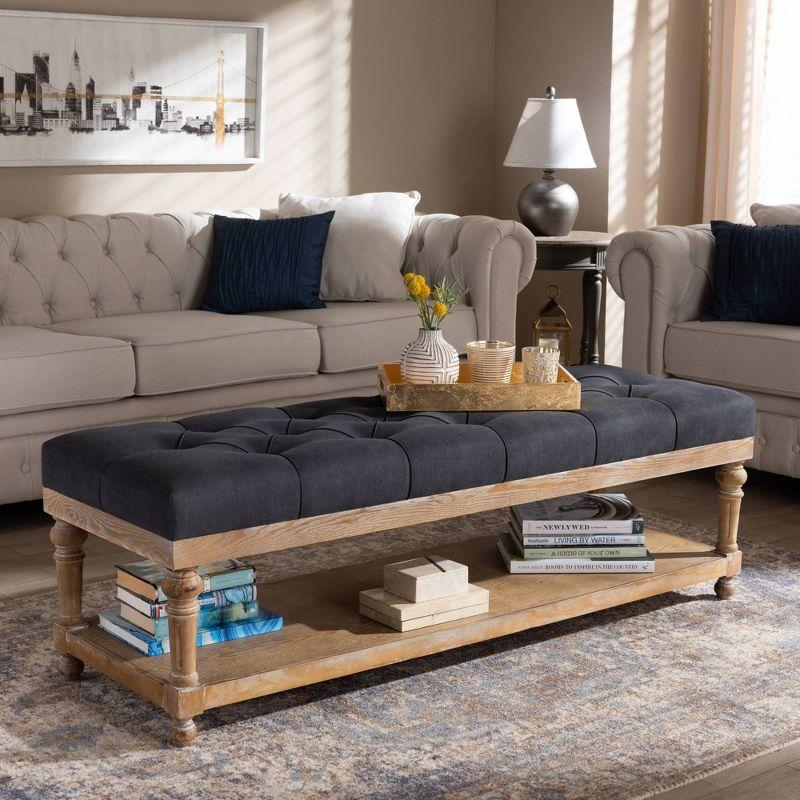 Charcoal Linen and Greywashed Wood Storage Bench with Tufted Detail