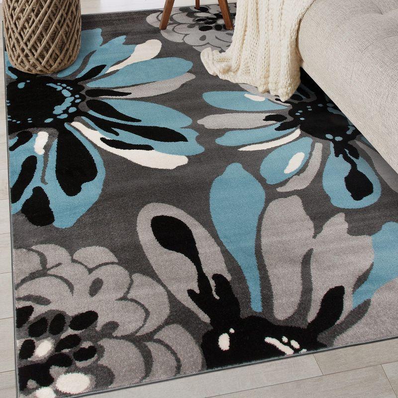 World Rug Gallery Contemporary Modern Flowers Area Rug - Blue 5'3" x 7'3"