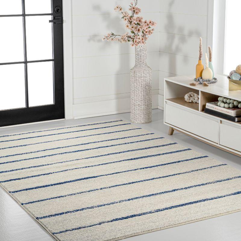 Cream and Navy Stripe Synthetic 4' x 6' Area Rug