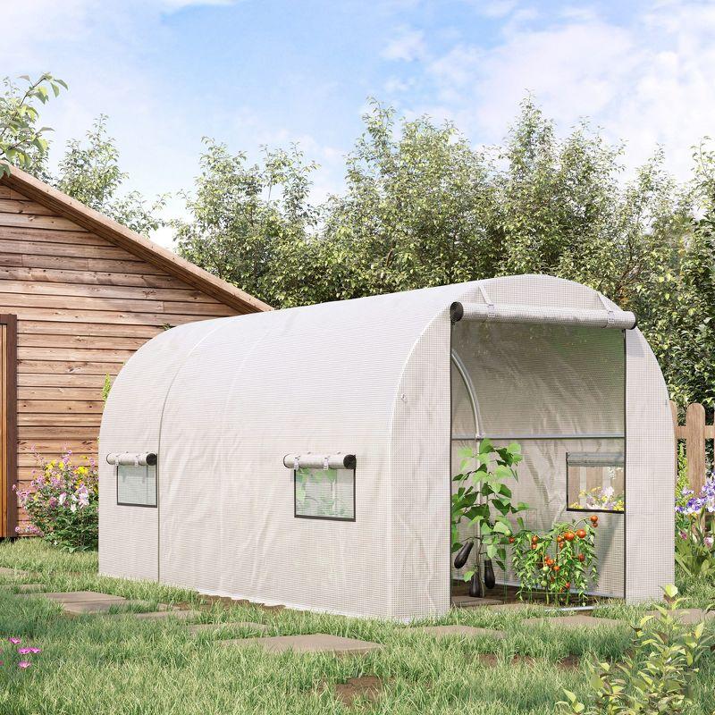 Outsunny 9.6' x 6.5' x 6.2' Walk-In PE Greenhouse with 2 Roll-up Zipper Doors & 6 Roll-up Windows for Plants, White